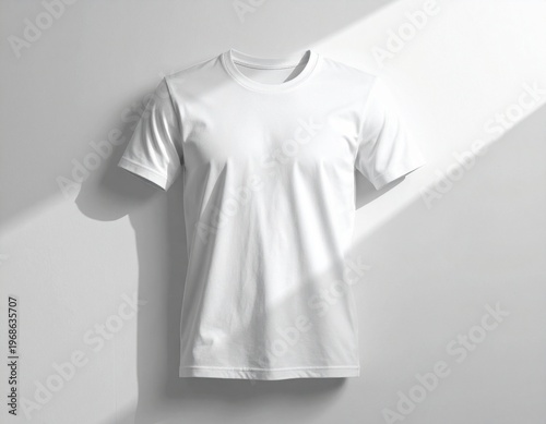 Clean white t-shirt mockup showcasing versatile design against a minimalist wall with dramatic natural light and shadow play, ideal for apparel branding and product display