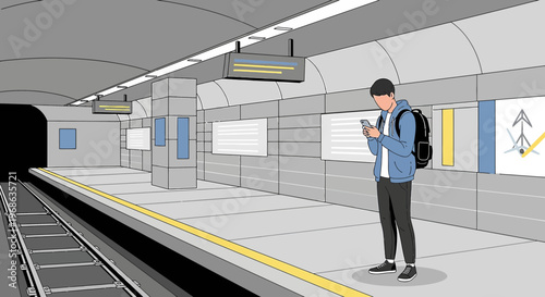 Man on Subway Platform Using Smartphone, Waiting for Train, Urban Commute