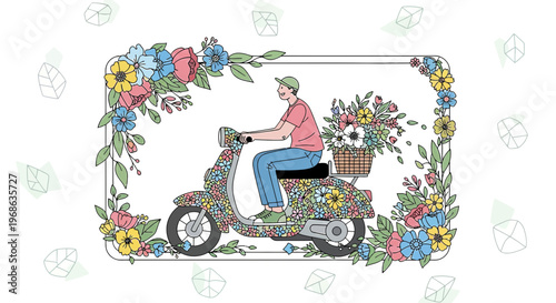Man on Scooter Delivering Flowers with Floral Frame - Spring Delivery