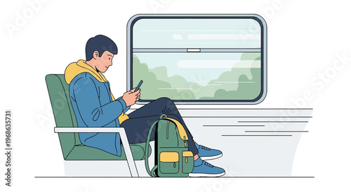 Man on Train Using Smartphone, Traveling with Backpack, Scenic View