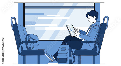 Man on Train Using Tablet, Travel Navigation App, Commute Journey