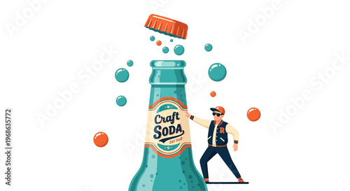 Man Opening Craft Soda Bottle with Bubbles and Cap Flying