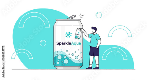 Man opening a refreshing soda can with bubbles and Sparkle Aqua logo