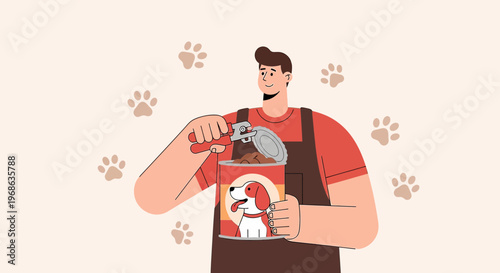 Man Opening Dog Food Can with Paw Prints Background