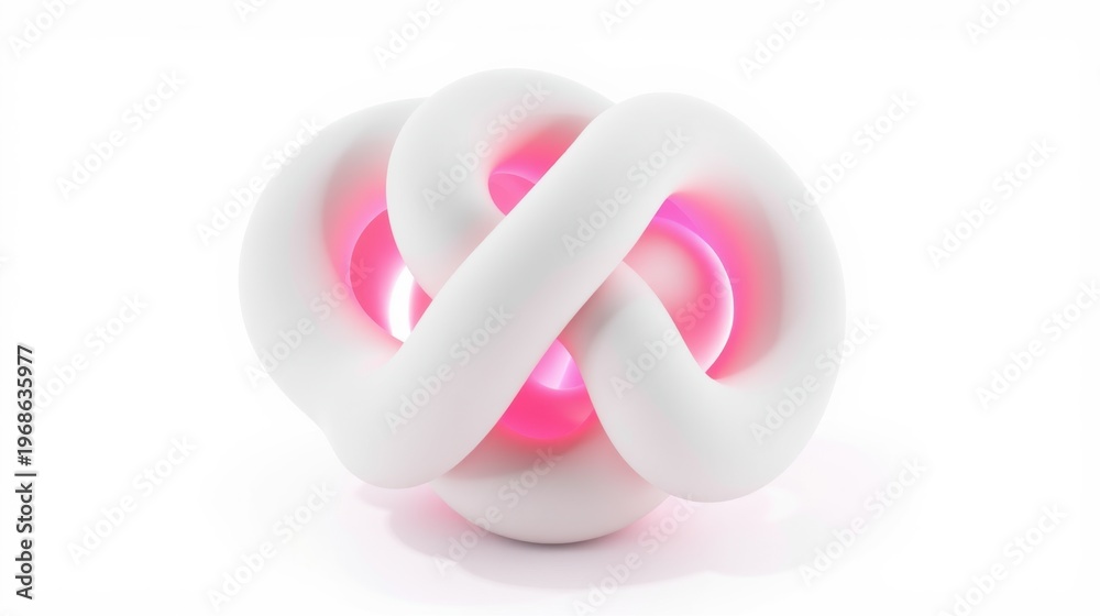 Fototapeta premium White abstract knot with pink interior glows. Smooth curves create complex form, isolated on white background. Minimalist design.