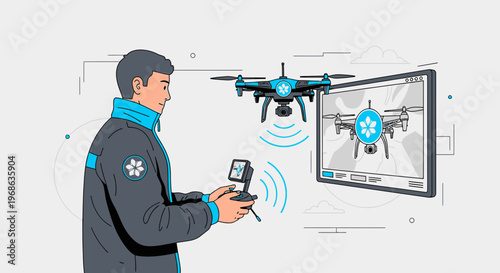 Man Operating Drone with Remote Control, Aerial Surveillance Tech