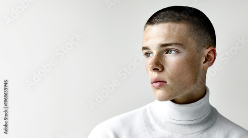 Minimalistische Portraits eines jungen Mannes mit kurzem Haar und neutralem Ausdruck. Klare Beleuchtung, Fokus auf Gesicht, Hautstruktur und reduzierte, moderne Ästhetik.