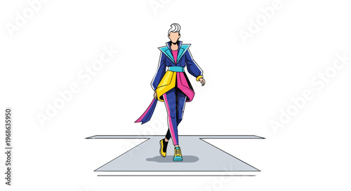Fashion Model Walking on Runway in Vibrant Geometric Streetwear Outfit