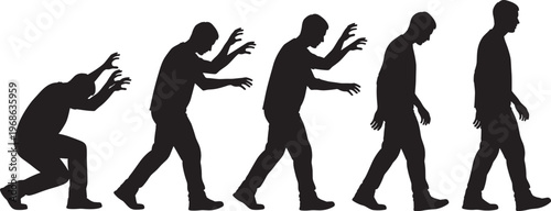 Flat vector illustration of human evolution silhouettes, primitive crouched posture to upright walking stance, transformation icons, anthropology design, progression concept