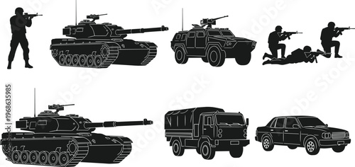 Military vehicle illustration set, combat defense artwork design, silhouette vector motif, bold graphic icon, black white contrast symbol