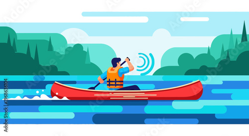 Man Paddling Canoe on Blue Water, Forested Hills Background, Outdoor Recreation