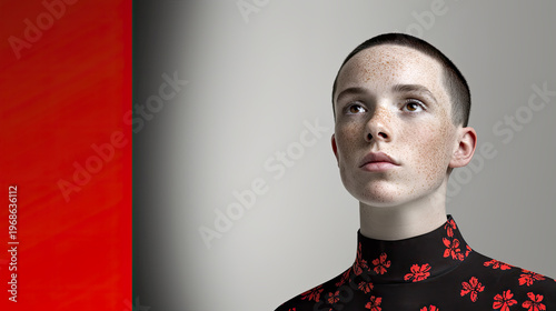 Minimalistische Portraits eines jungen Mannes mit kurzem Haar und neutralem Ausdruck. Klare Beleuchtung, Fokus auf Gesicht, Hautstruktur und reduzierte, moderne Ästhetik.