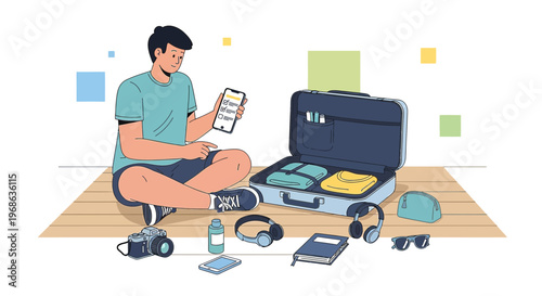 Man Packing Suitcase for Trip, Planning Vacation with Mobile App
