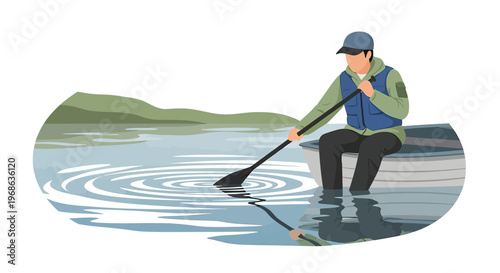 Man Paddling Canoe on Calm Lake, Ripples, Nature Reflection, Outdoor Recreation