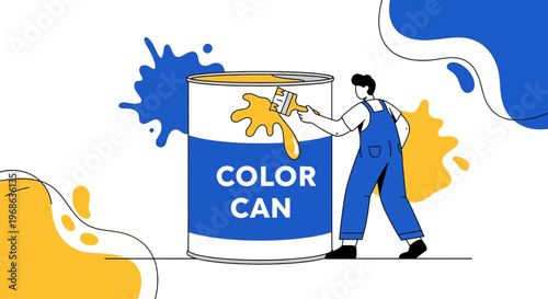 Man Painting with Color Can: Creative Design, Art, and Renovation Concept