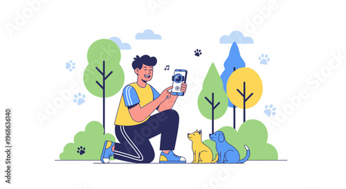 Man Photographing Cute Puppies in Park, Pet Photography Concept