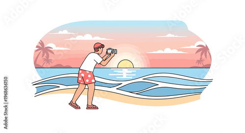Man photographing sunset beach vacation, tropical palm trees, ocean waves, summer travel