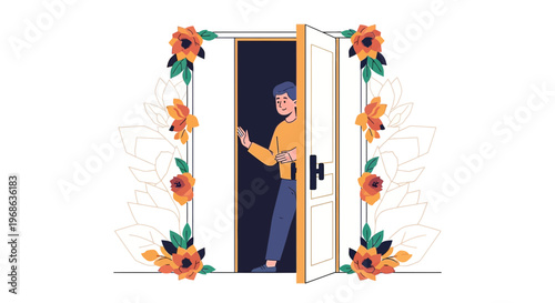 Man Peeking Through Open Doorway Surrounded by Floral Frame