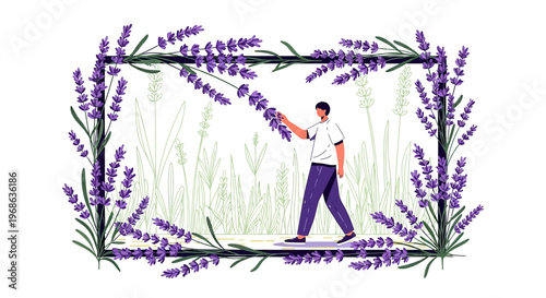 Man Picking Lavender Flowers in a Field, Surrounded by Floral Border