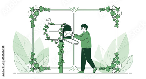 Man Placing Letter in Ivy Covered Mailbox, Vintage Frame, Green Botanical Illustration