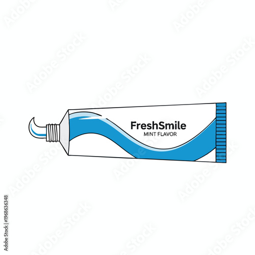 A tube of toothpaste with mint flavor, with blue wavy design and toothpaste exiting