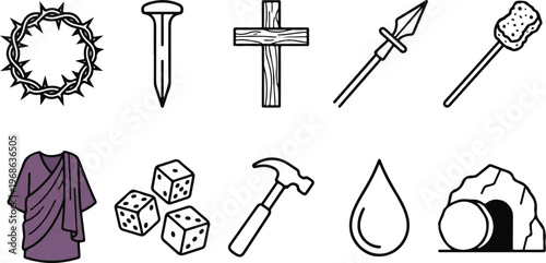 Christian Passion of Christ and Easter Story Line Icon Set.