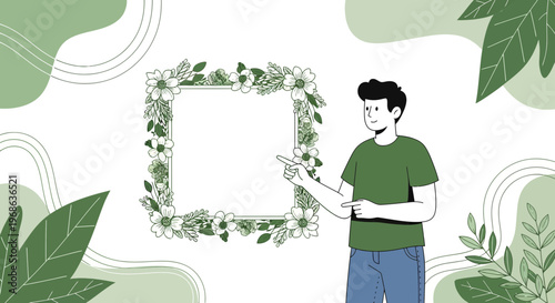 Man Pointing at Floral Frame, Abstract Green Shapes, White Background