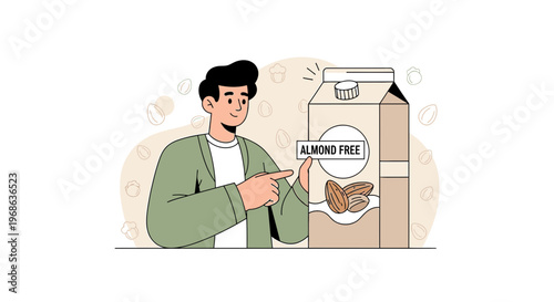 Man pointing to Almond Free Milk Carton, Healthy Lifestyle Concept