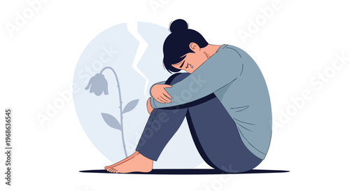 Sad woman sitting alone with a broken flower, concept of heartbreak and depression