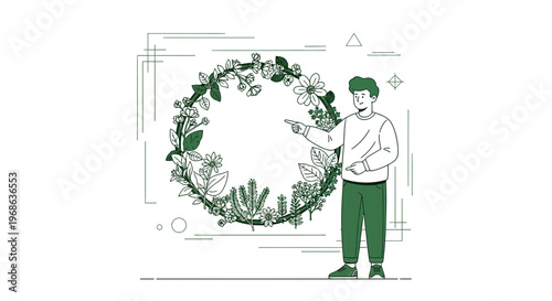 Man pointing to circular floral wreath, botanical illustration, nature concept
