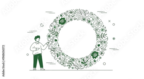 Man Pointing to Green Floral Circle Frame - Organic Design Element