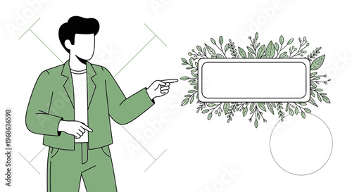 Man Points to Floral Frame, Presentation Template, Business Concept, Copy Space