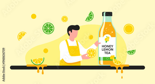 Man Making Honey Lemon Tea Drink with Lime and Citrus Slices