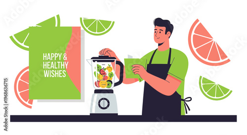 Man Making Healthy Smoothie with Fruits in Blender, Healthy Lifestyle Concept