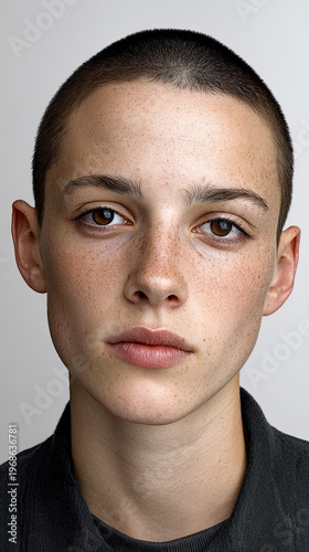 Minimalistische Portraits eines jungen Mannes mit kurzem Haar und neutralem Ausdruck. Klare Beleuchtung, Fokus auf Gesicht, Hautstruktur und reduzierte, moderne Ästhetik.