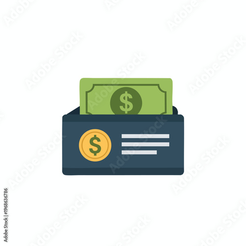 A wallet holds a dollar bill, a gold coin, and three horizontal lines on a white background