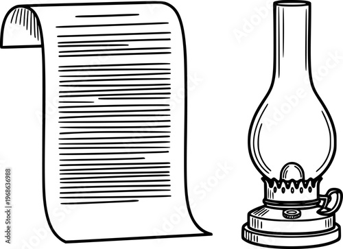 Vintage oil lamp illuminates a long scroll of text a white background light illumination
