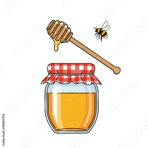 Jar of golden honey with dipper and bee