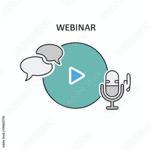 Play button, speech bubbles, and microphone indicate a webinar