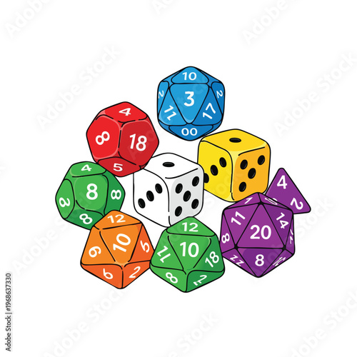 Assortment of colorful polyhedral dice with numbers, scattered on a white background
