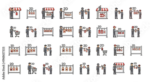 Collection of people shopping and working icons.