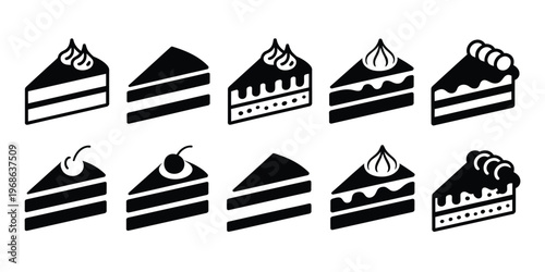 Cake Slice Silhouette Icons Black Simple Design on White Background Vector