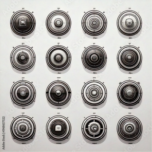 Collection of Antique Decorative Metal Shields Arranged in Grid.