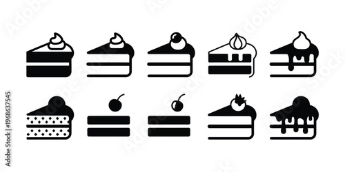 Cake Slice Silhouette Icons Minimal Black Pastry Dessert Symbol Vector