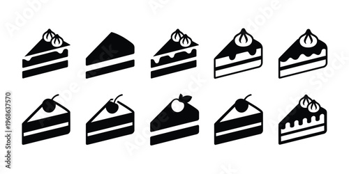 Cake Slice Silhouette Icons Simple Bakery Dessert Graphic Isolated on White