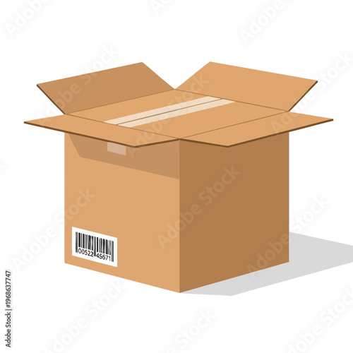 Open cardboard box with taped seams and barcode, casting a shadow