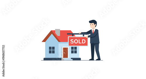 Real estate agent presenting a "SOLD" sign in front of a colorful house, representing a completed property transaction on an isolated white background.