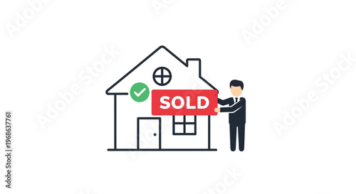 Real estate agent standing proudly next to a house with a "SOLD" sign, symbolizing a successful property sale transaction on an isolated white background.