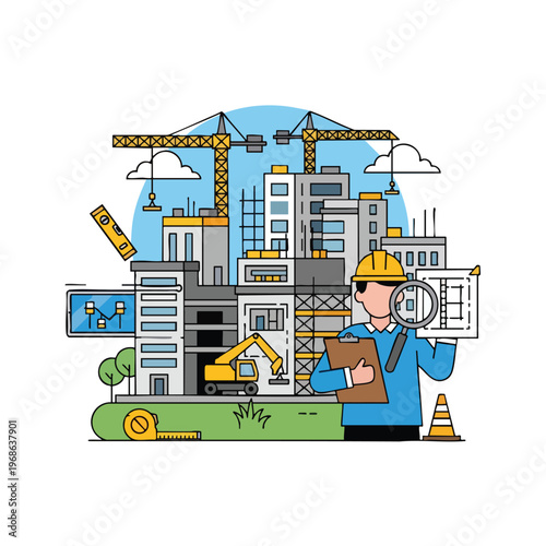 Construction worker with blueprint and tools overseeing a city development project