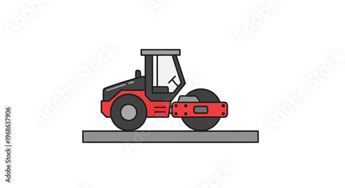 Heavy red road roller or compactor for construction, isolated white background.